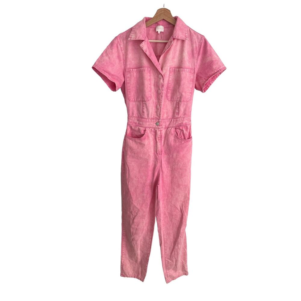 Pink Acid Wash Denim Romper Jumpsuit Short Sleeve Pockets Womens Small